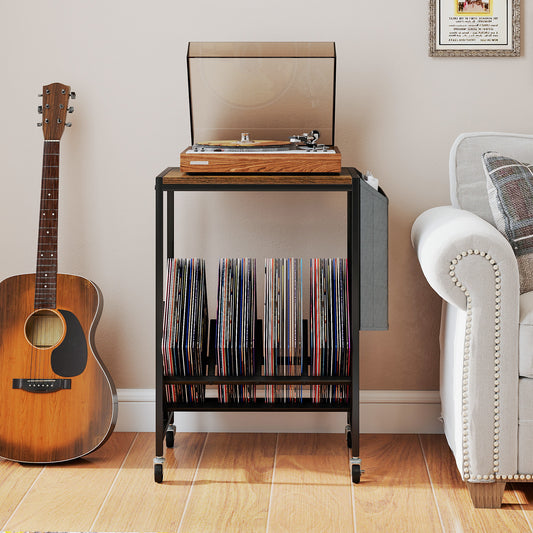 Rolling Record Player Stand 2-Tier with Vinyl Storage and Magazine Holder Bag, Rustic Brown End & Side Tables Rustic Brown at Gallery Canada