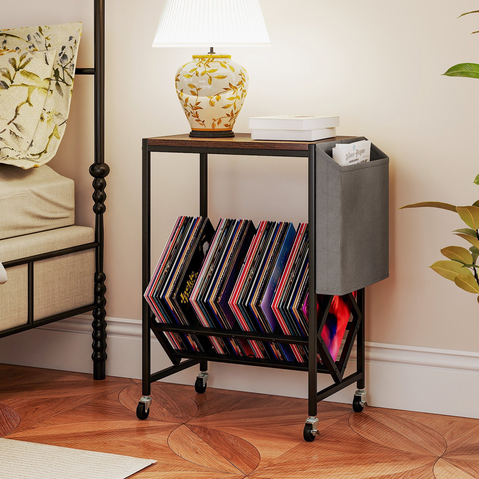 Rolling Record Player Stand 2-Tier with Vinyl Storage and Magazine Holder Bag, Rustic Brown End & Side Tables at Gallery Canada