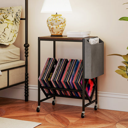 Rolling Record Player Stand 2-Tier with Vinyl Storage and Magazine Holder Bag, Rustic Brown End & Side Tables at Gallery Canada