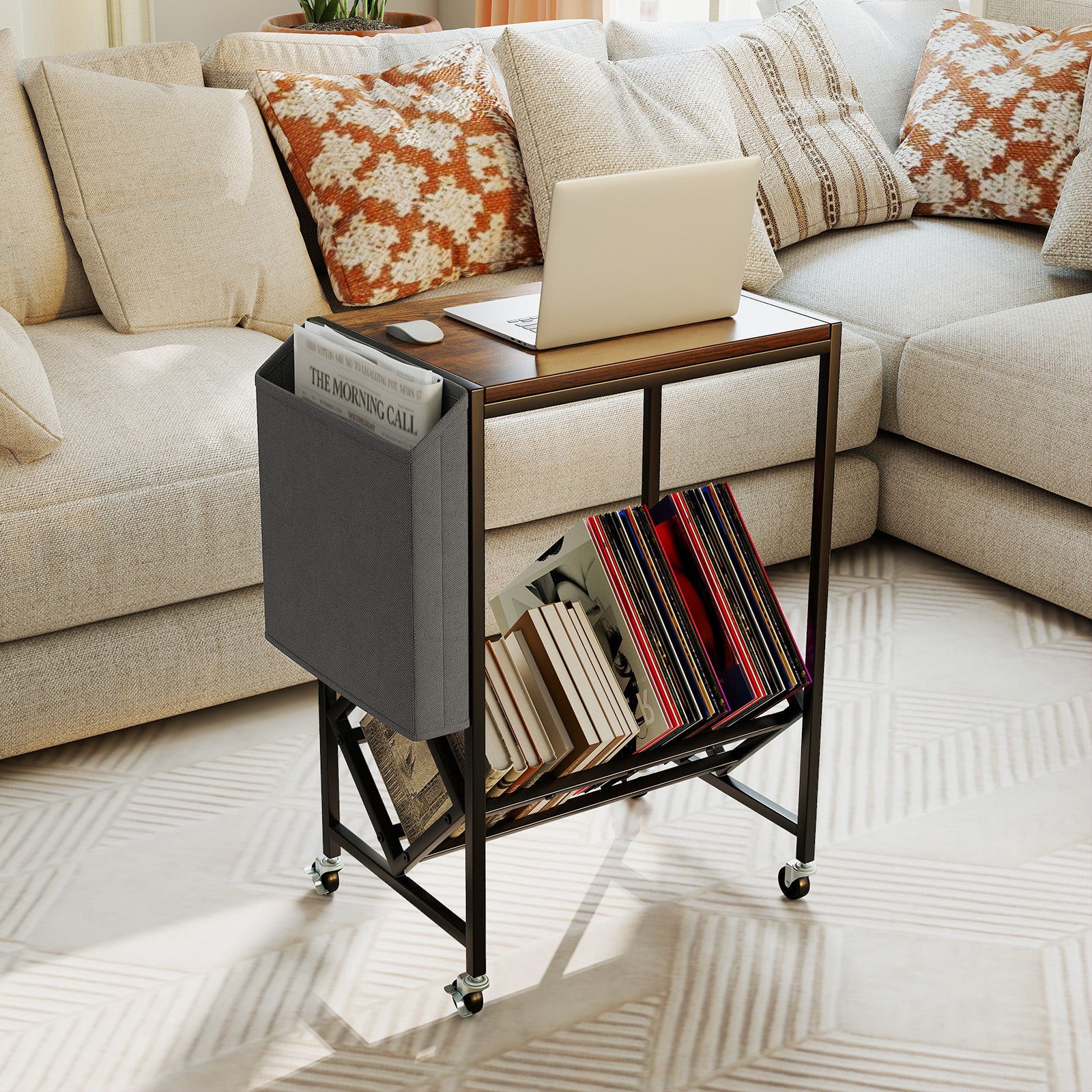 Rolling Record Player Stand 2-Tier with Vinyl Storage and Magazine Holder Bag, Rustic Brown End & Side Tables at Gallery Canada