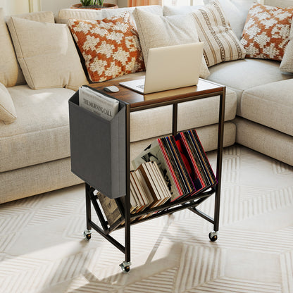 Rolling Record Player Stand 2-Tier with Vinyl Storage and Magazine Holder Bag, Rustic Brown End & Side Tables at Gallery Canada