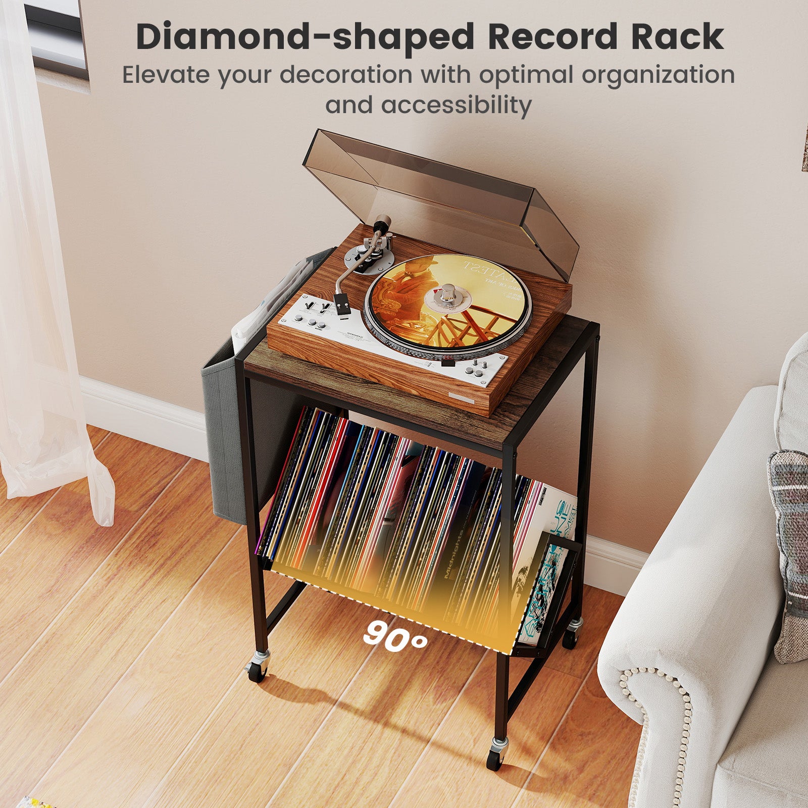 Rolling Record Player Stand 2-Tier with Vinyl Storage and Magazine Holder Bag, Rustic Brown End & Side Tables at Gallery Canada