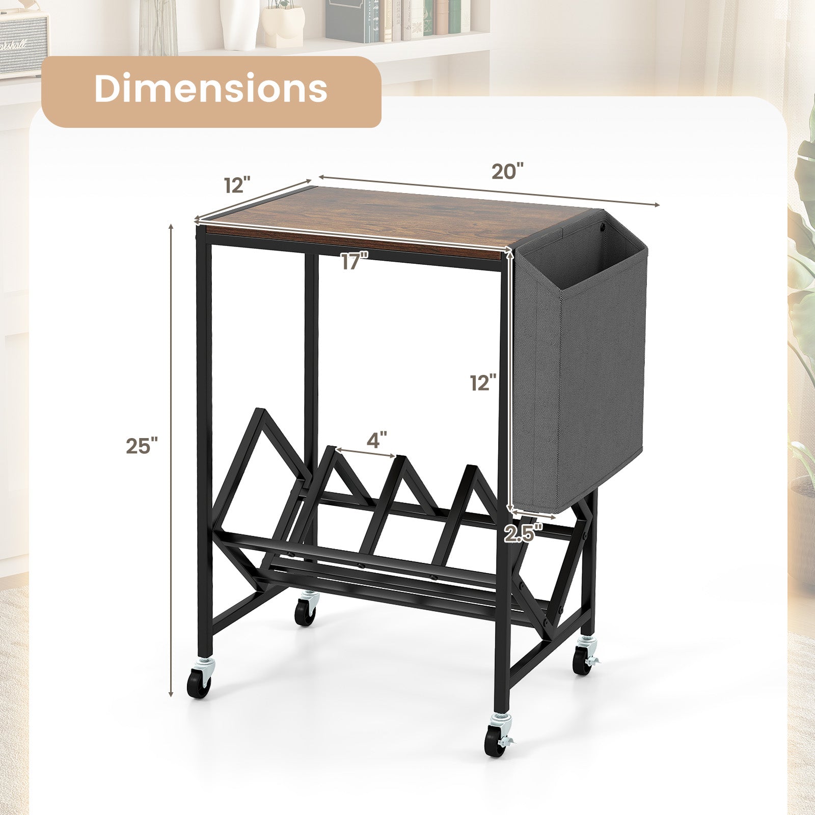 Rolling Record Player Stand 2-Tier with Vinyl Storage and Magazine Holder Bag, Rustic Brown End & Side Tables at Gallery Canada