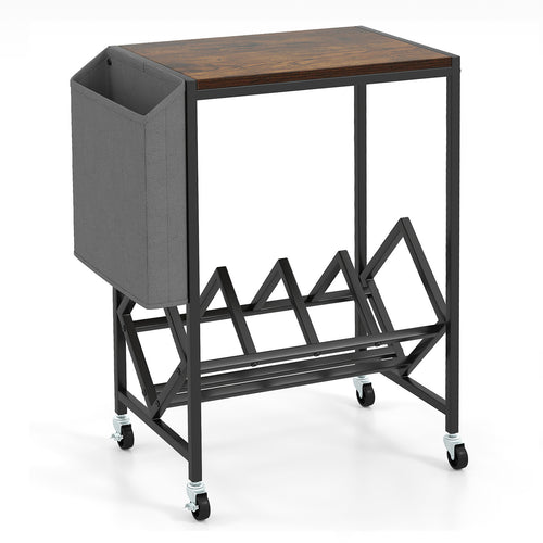 Rolling Record Player Stand 2-Tier with Vinyl Storage and Magazine Holder Bag, Rustic Brown