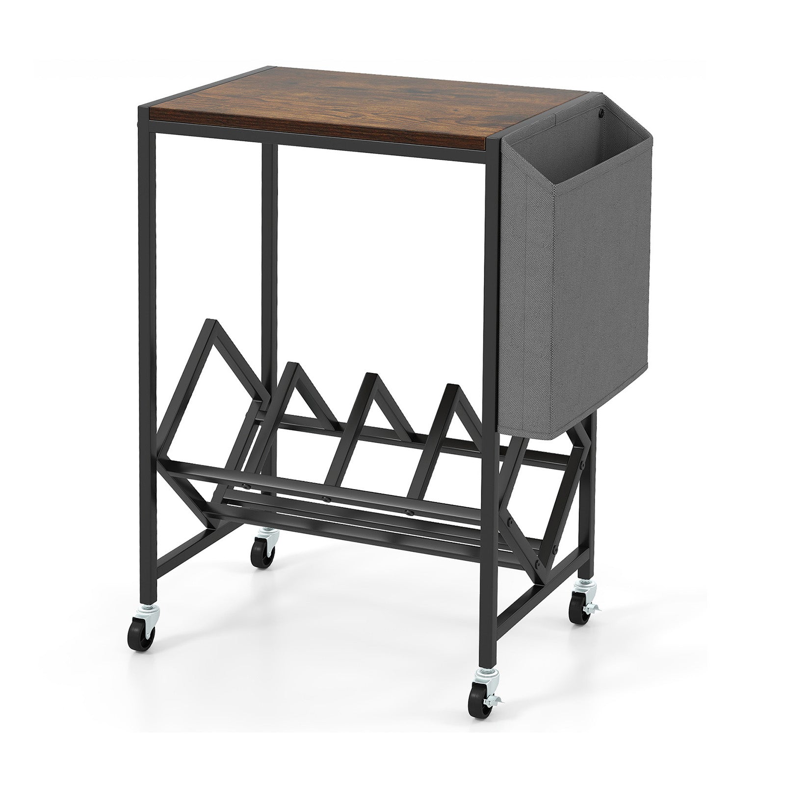 Rolling Record Player Stand 2-Tier with Vinyl Storage and Magazine Holder Bag, Rustic Brown End & Side Tables at Gallery Canada