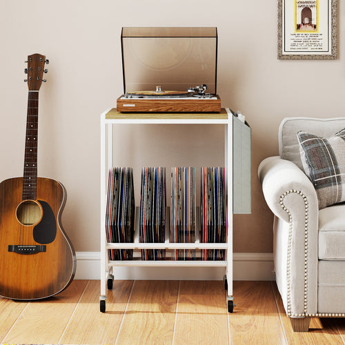 Rolling Record Player Stand, 2-Tier Vinyl Storage, Magazine Holder Bag, Natural
