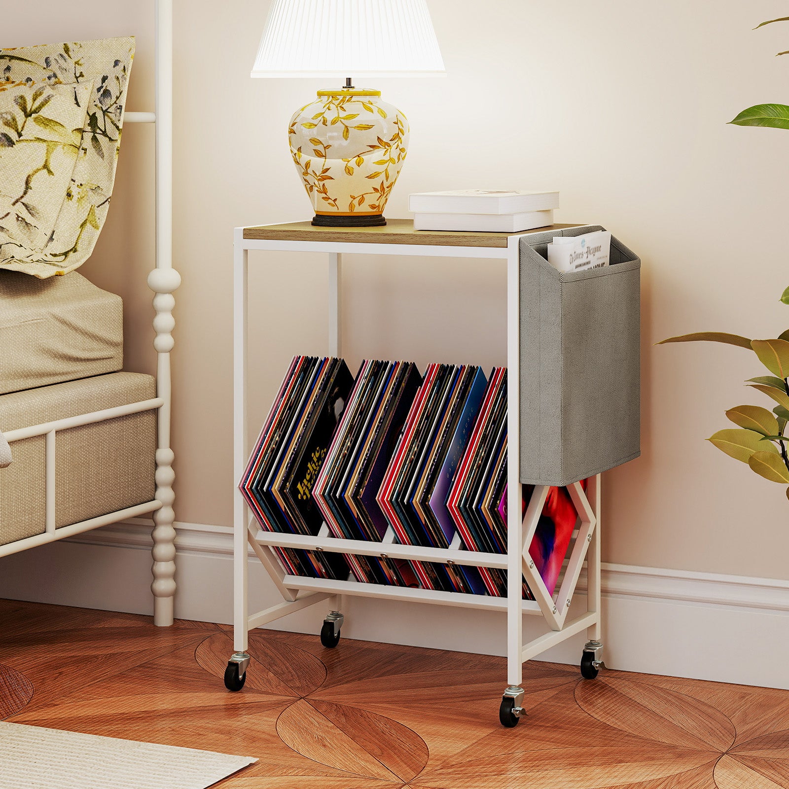 Rolling Record Player Stand 2-Tier with Vinyl Storage and Magazine Holder Bag, Natural End & Side Tables at Gallery Canada