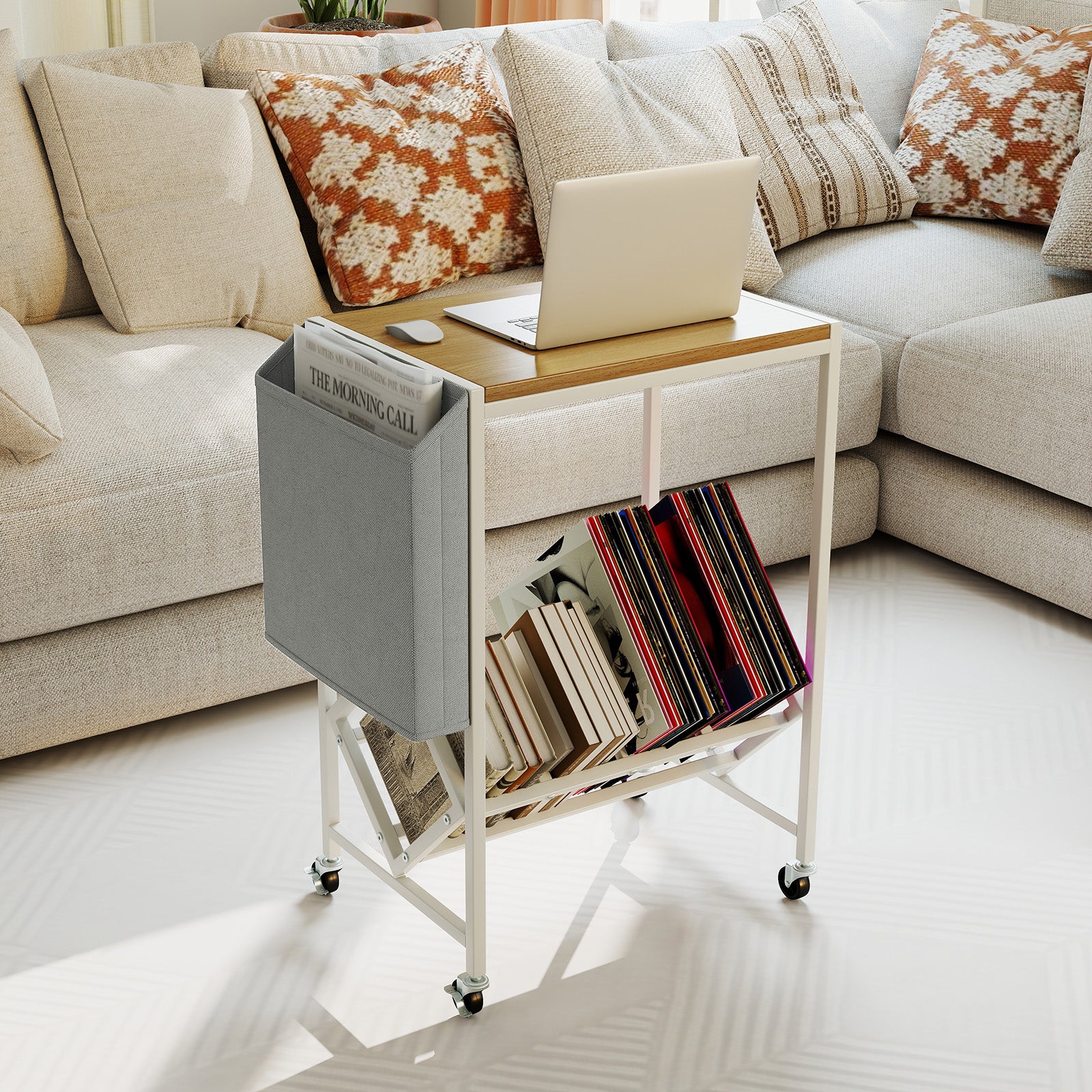 Rolling Record Player Stand 2-Tier with Vinyl Storage and Magazine Holder Bag, Natural End & Side Tables at Gallery Canada