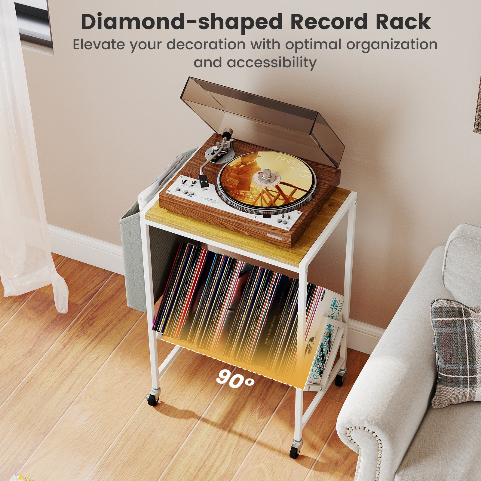 Rolling Record Player Stand 2-Tier with Vinyl Storage and Magazine Holder Bag, Natural End & Side Tables at Gallery Canada