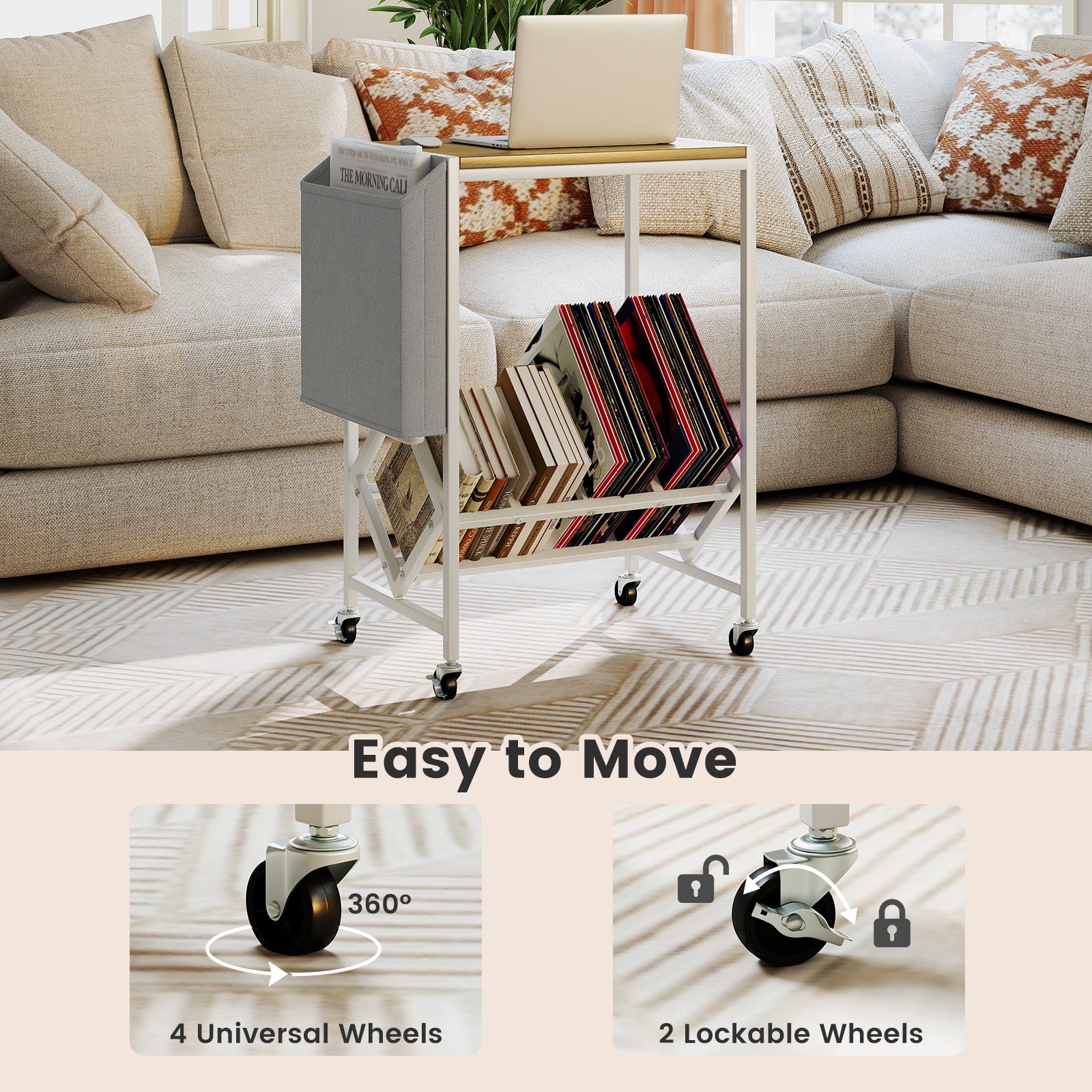 Rolling Record Player Stand 2-Tier with Vinyl Storage and Magazine Holder Bag, Natural End & Side Tables at Gallery Canada