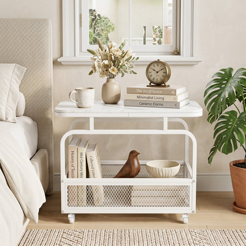 Rolling Side Table, 2-Tier Narrow End Table with Mesh Basket, White