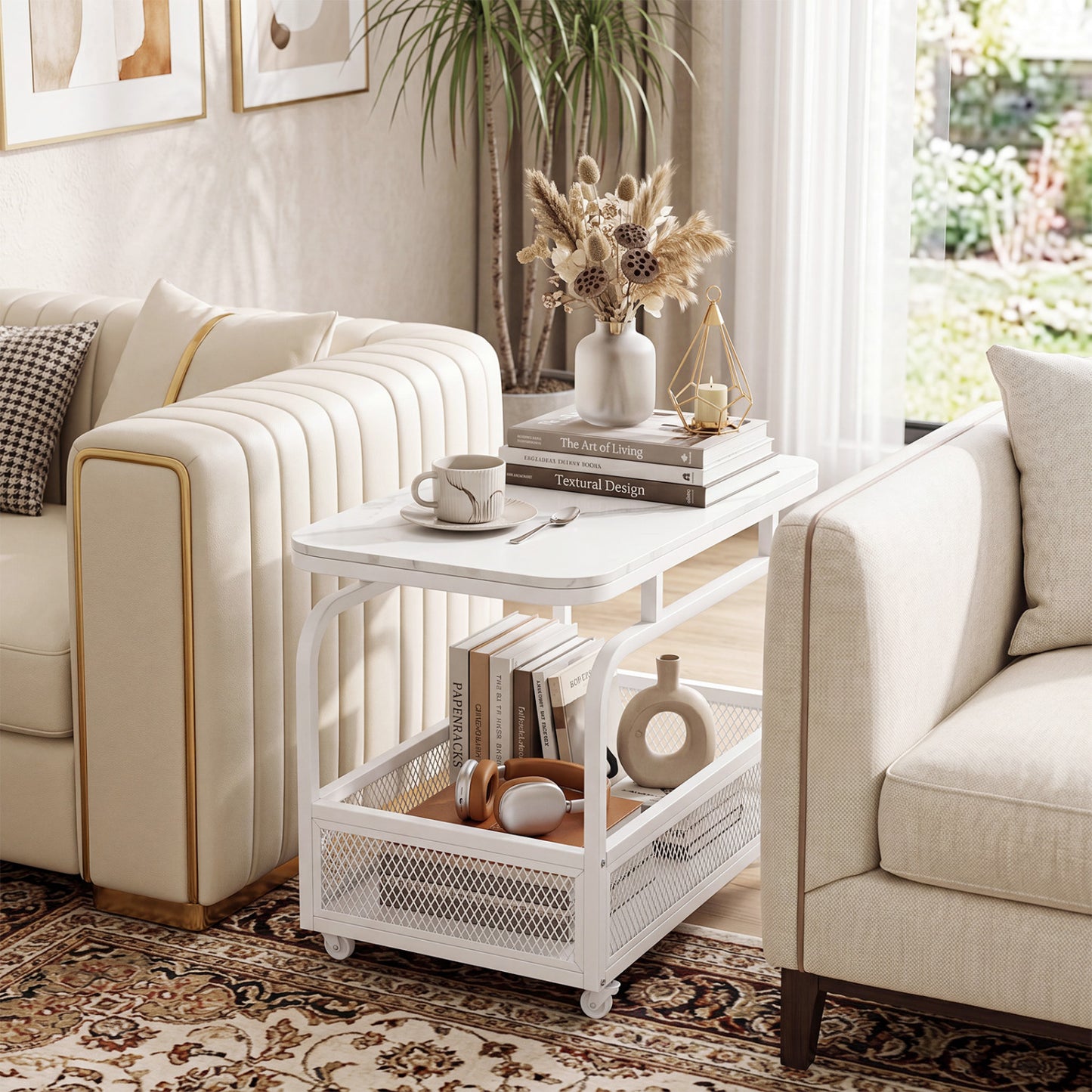 Rolling Side Table, 2-Tier Narrow End Table with Mesh Basket, White