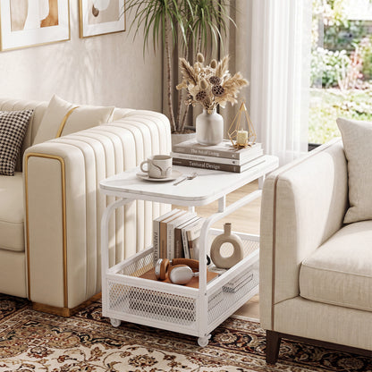Rolling Side Table, 2-Tier Narrow End Table with Mesh Basket, White