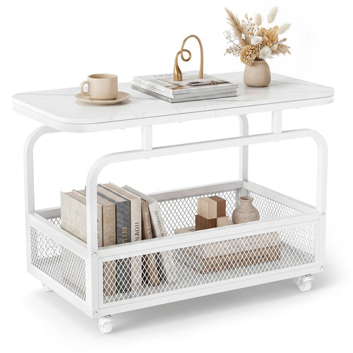 Rolling Side Table, 2-Tier Narrow End Table with Mesh Basket, White