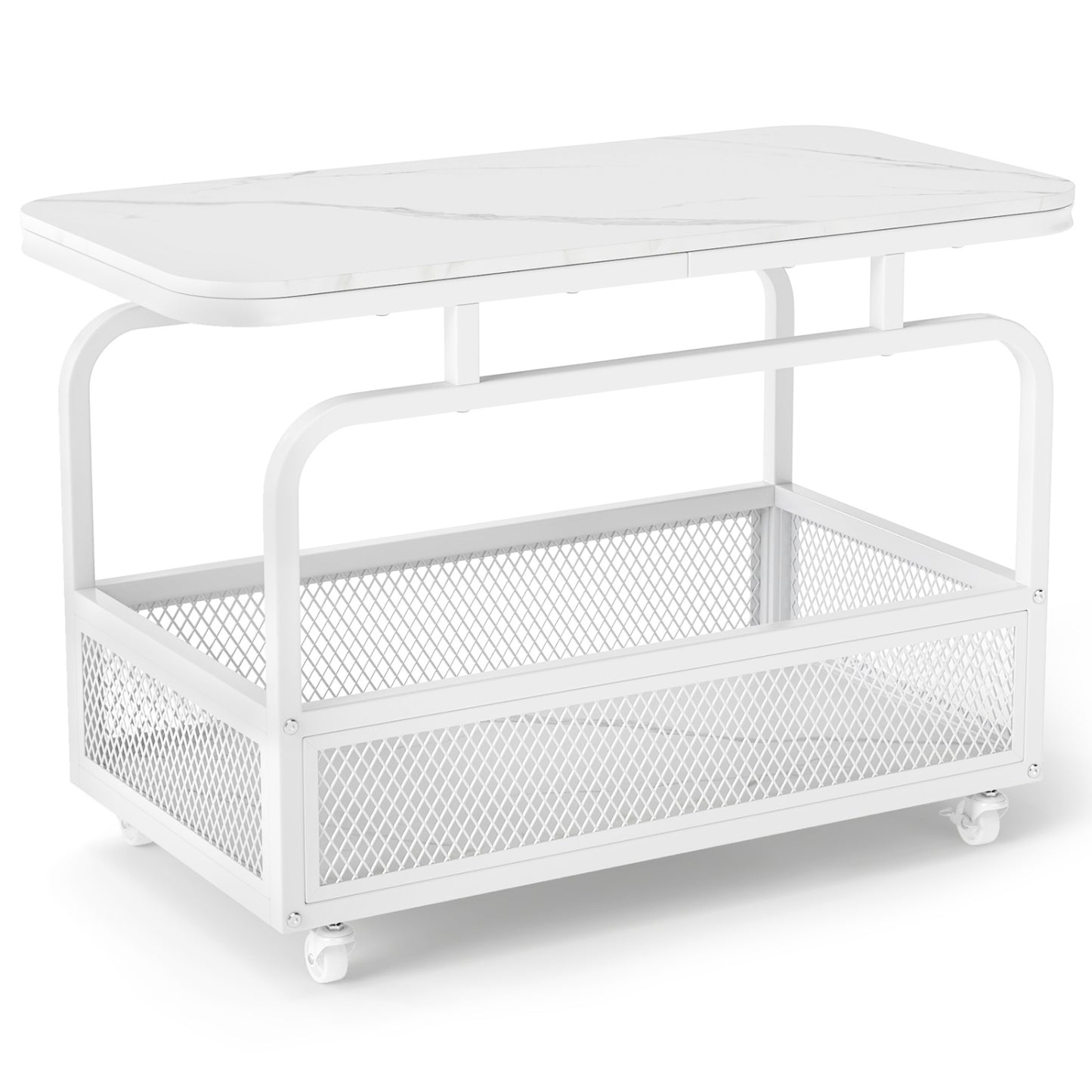 Rolling Side Table, 2-Tier Narrow End Table with Mesh Basket, White