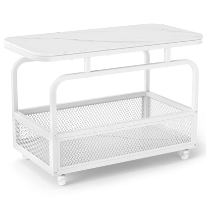 Rolling Side Table, 2-Tier Narrow End Table with Mesh Basket, White