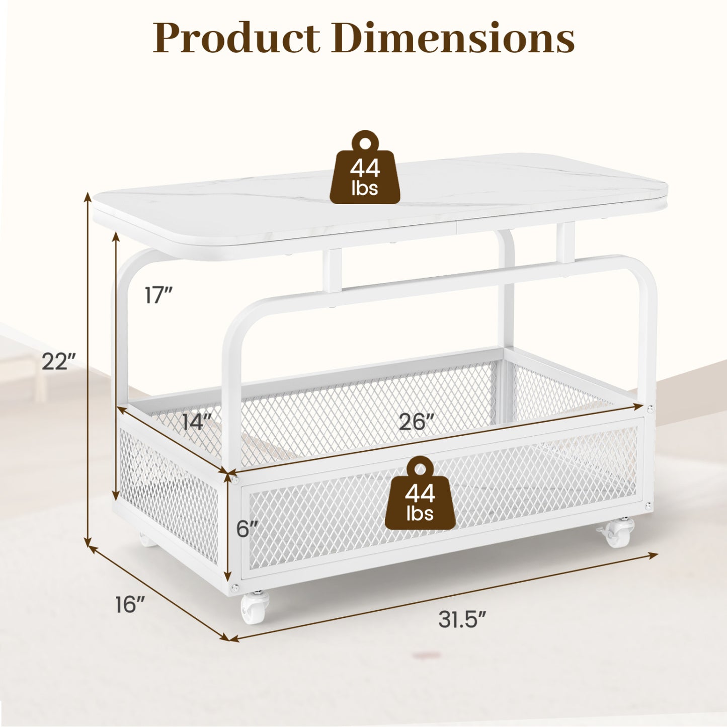Rolling Side Table, 2-Tier Narrow End Table with Mesh Basket, White