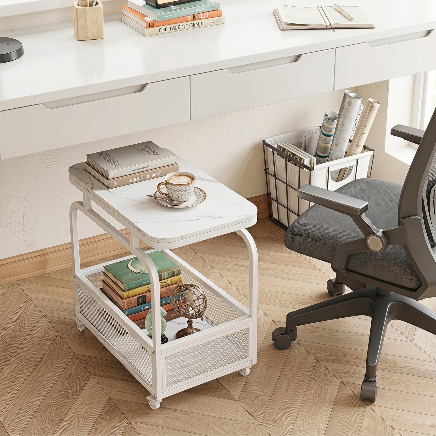 Rolling Side Table, 2-Tier Narrow End Table with Mesh Basket, White