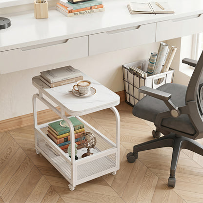 Rolling Side Table, 2-Tier Narrow End Table with Mesh Basket, White