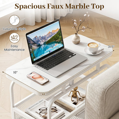 Rolling Side Table, 2-Tier Narrow End Table with Mesh Basket, White