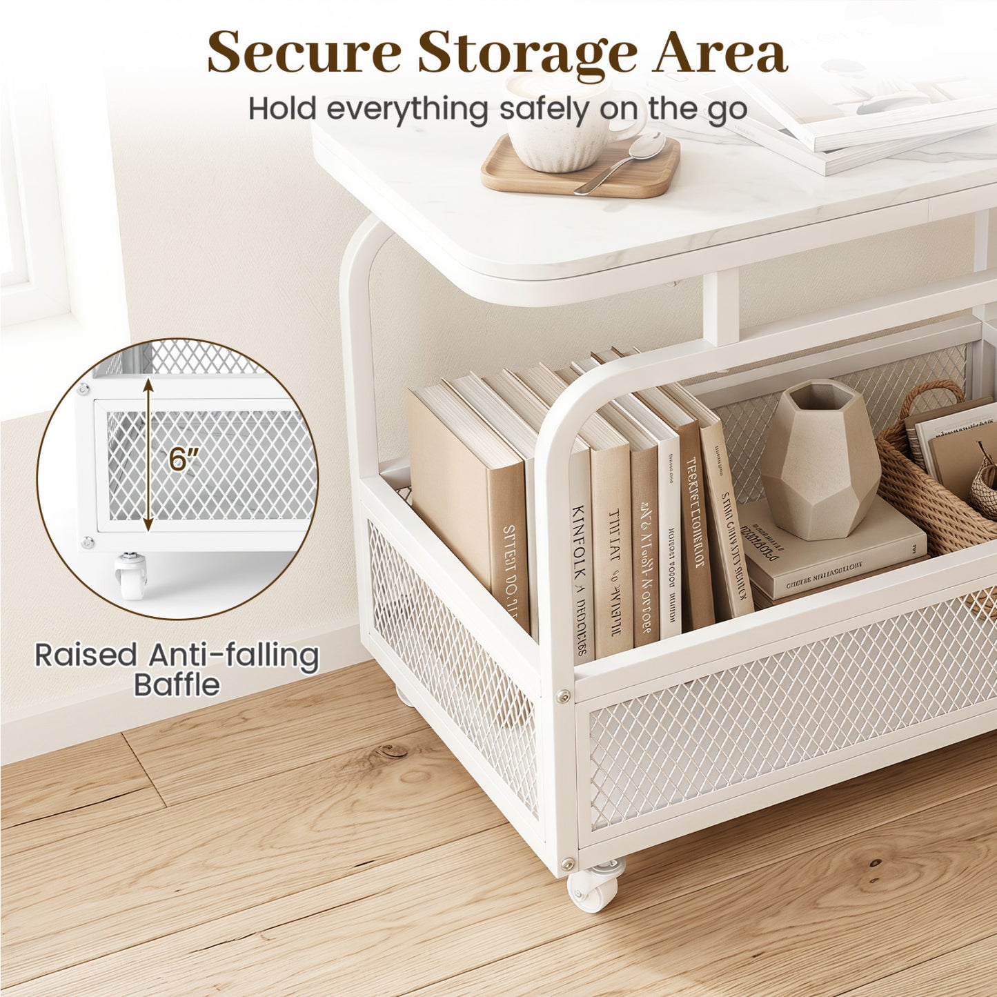 Rolling Side Table, 2-Tier Narrow End Table with Mesh Basket, White