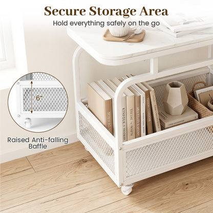 Rolling Side Table, 2-Tier Narrow End Table with Mesh Basket, White