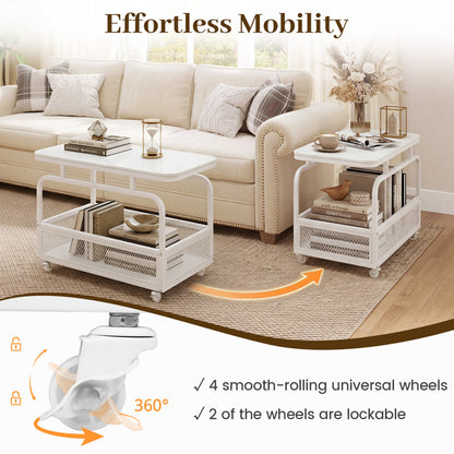 Rolling Side Table, 2-Tier Narrow End Table with Mesh Basket, White
