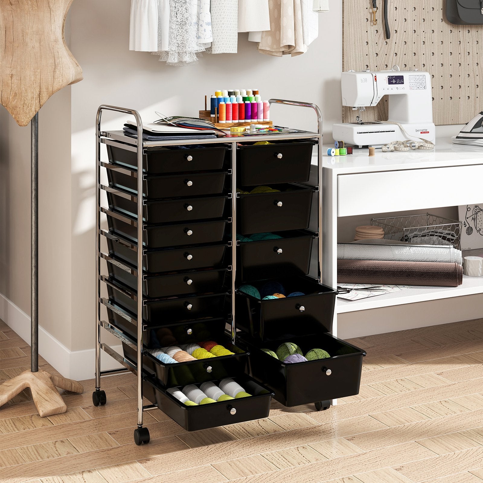 Rolling Storage Cart 15-Drawer Trolley with Chrome Plated Metal Frame, Black File Cabinets at Gallery Canada