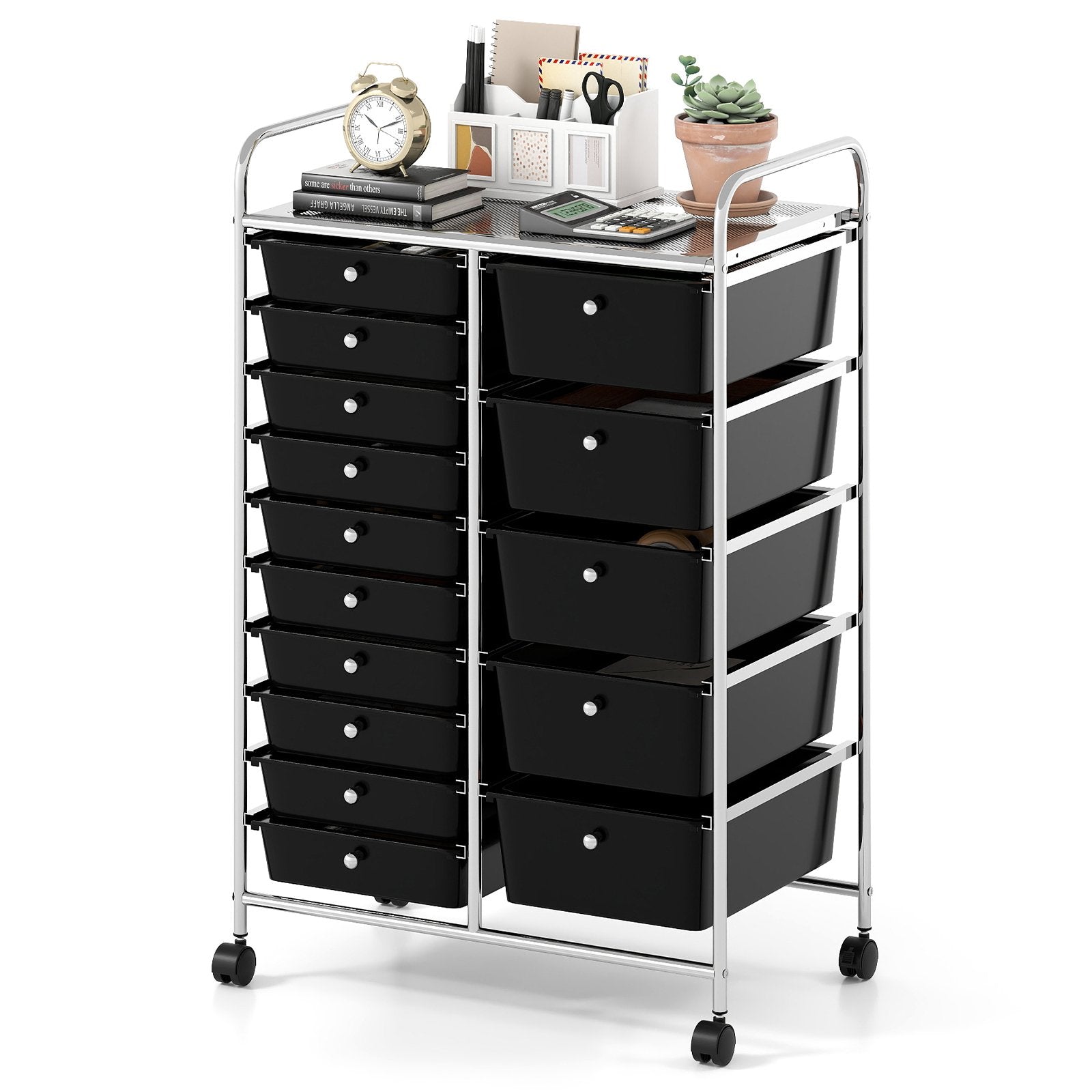 Rolling Storage Cart 15-Drawer Trolley with Chrome Plated Metal Frame, Black File Cabinets Black at Gallery Canada