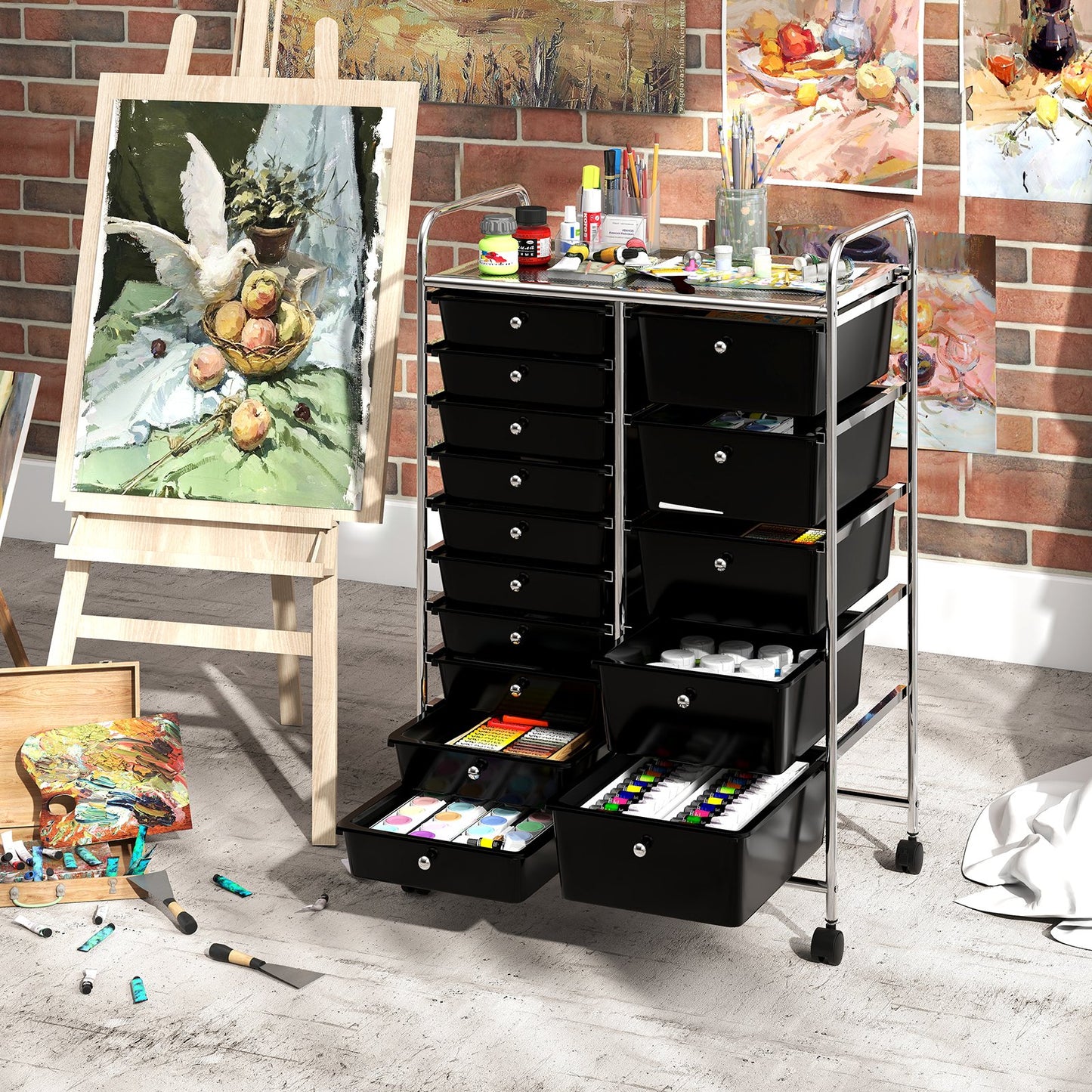 Rolling Storage Cart 15-Drawer Trolley with Chrome Plated Metal Frame, Black File Cabinets at Gallery Canada