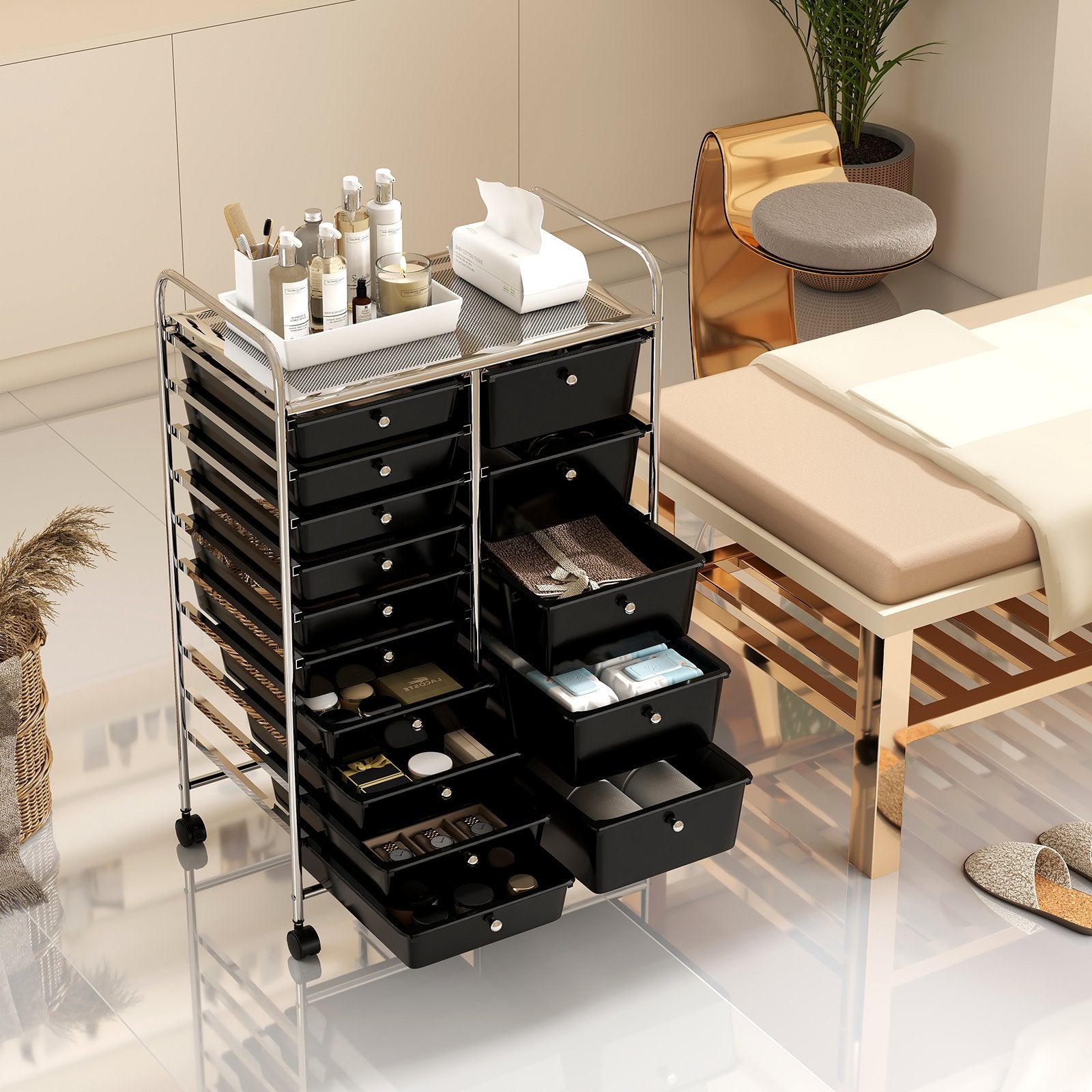 Rolling Storage Cart 15-Drawer Trolley with Chrome Plated Metal Frame, Black File Cabinets at Gallery Canada