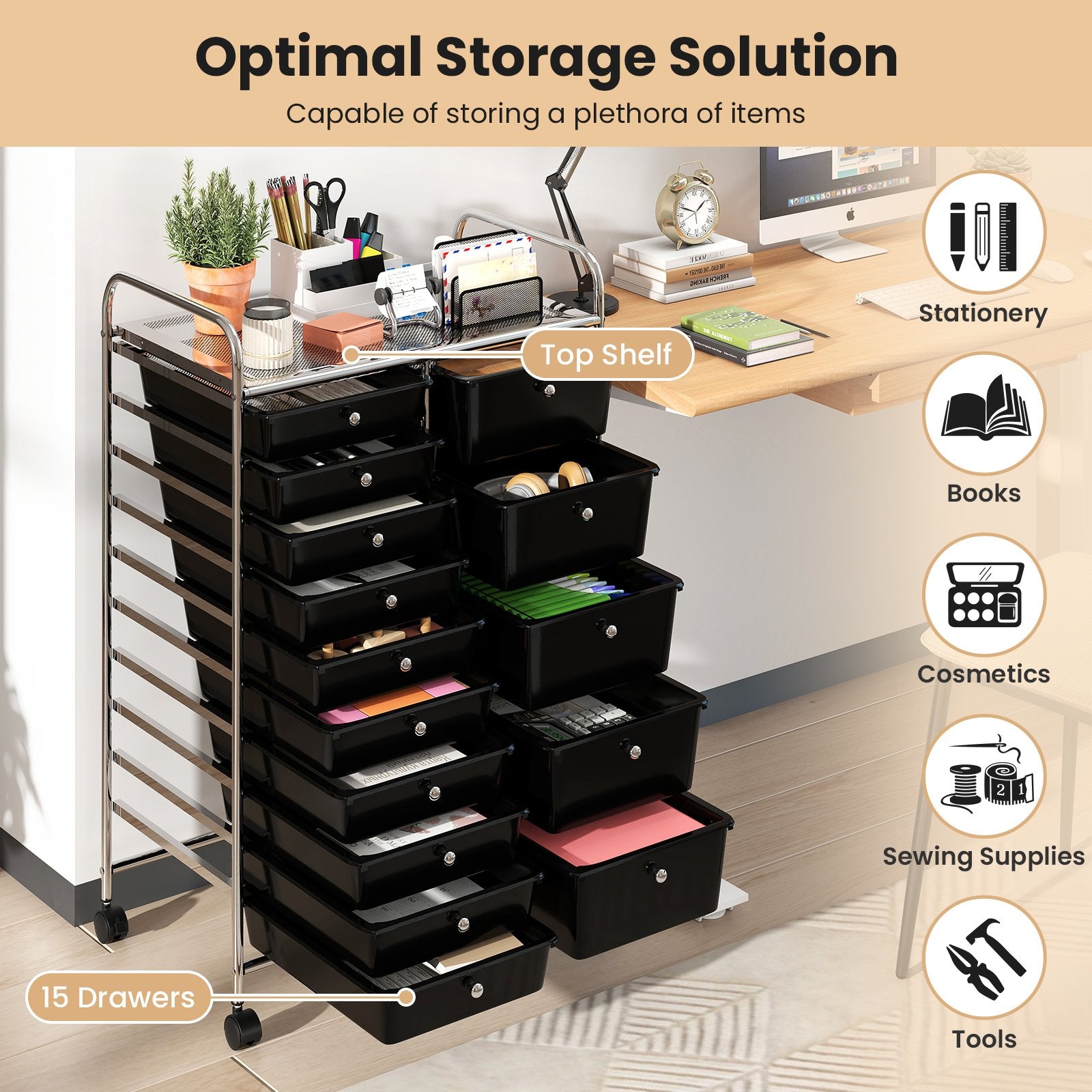 Rolling Storage Cart 15-Drawer Trolley with Chrome Plated Metal Frame, Black File Cabinets at Gallery Canada