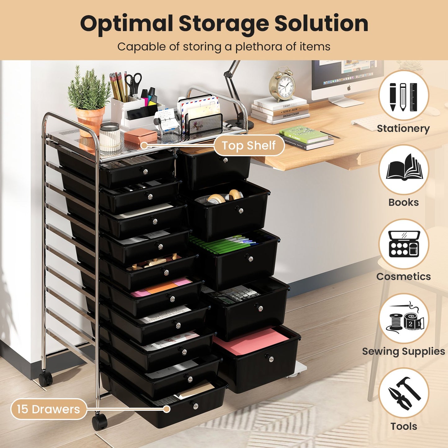Rolling Storage Cart 15-Drawer Trolley with Chrome Plated Metal Frame, Black File Cabinets at Gallery Canada