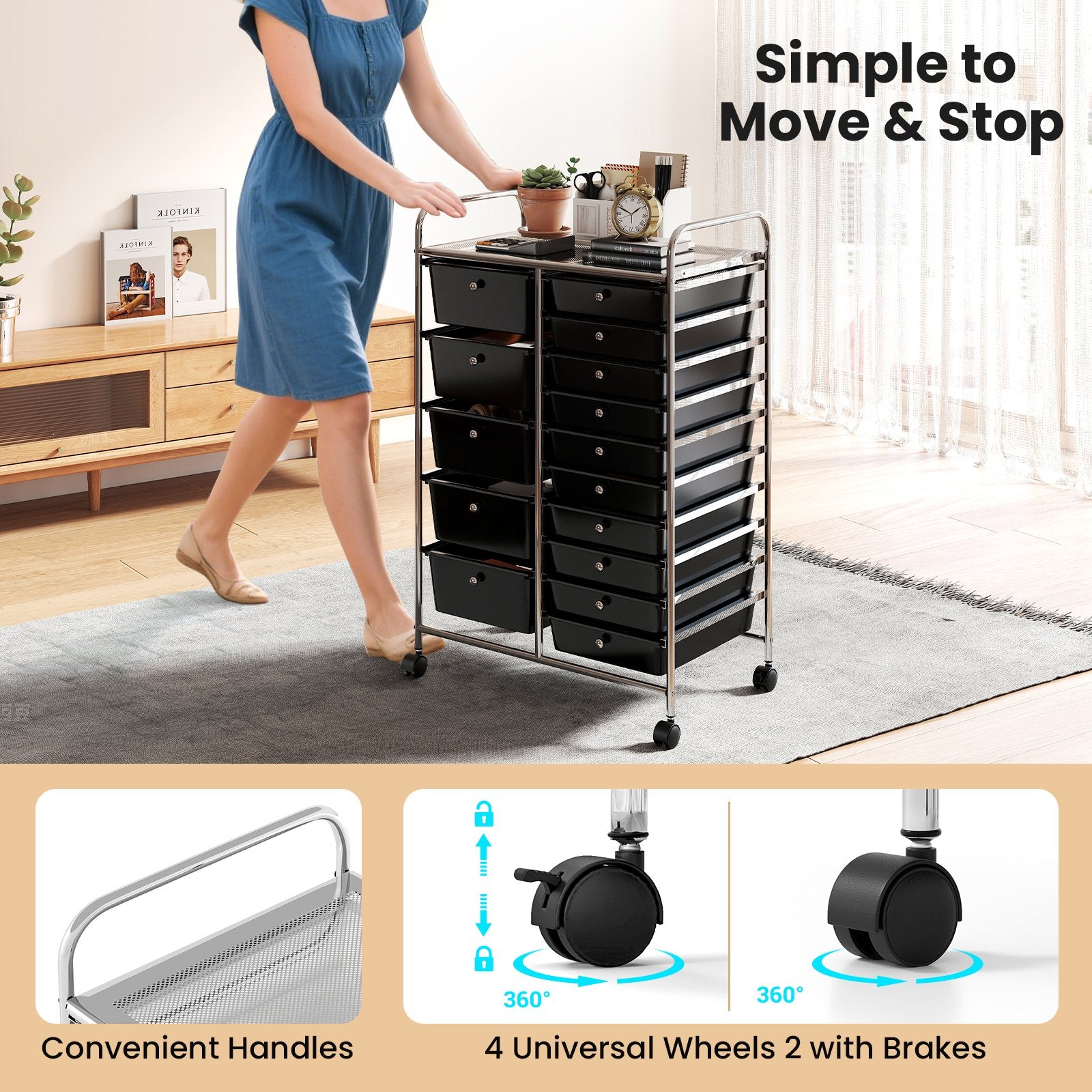 Rolling Storage Cart 15-Drawer Trolley with Chrome Plated Metal Frame, Black File Cabinets at Gallery Canada