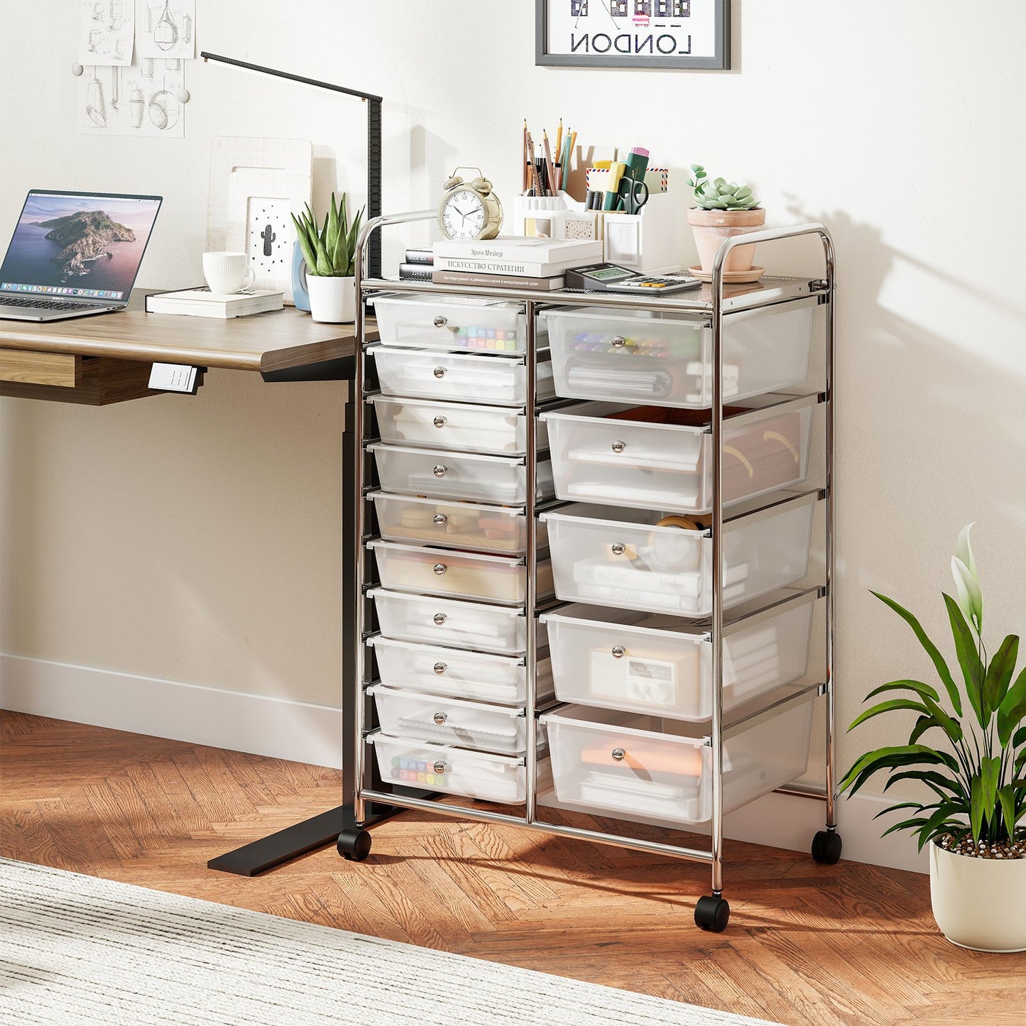 Rolling Storage Cart 15-Drawer Trolley with Chrome Plated Metal Frame, Transparent File Cabinets at Gallery Canada