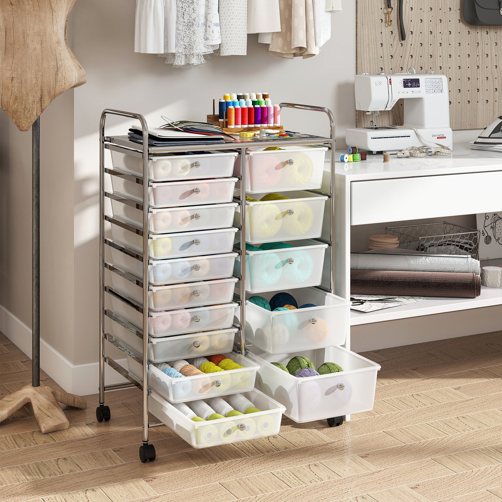 Rolling Storage Cart 15-Drawer Trolley with Chrome Plated Metal Frame, Transparent File Cabinets at Gallery Canada