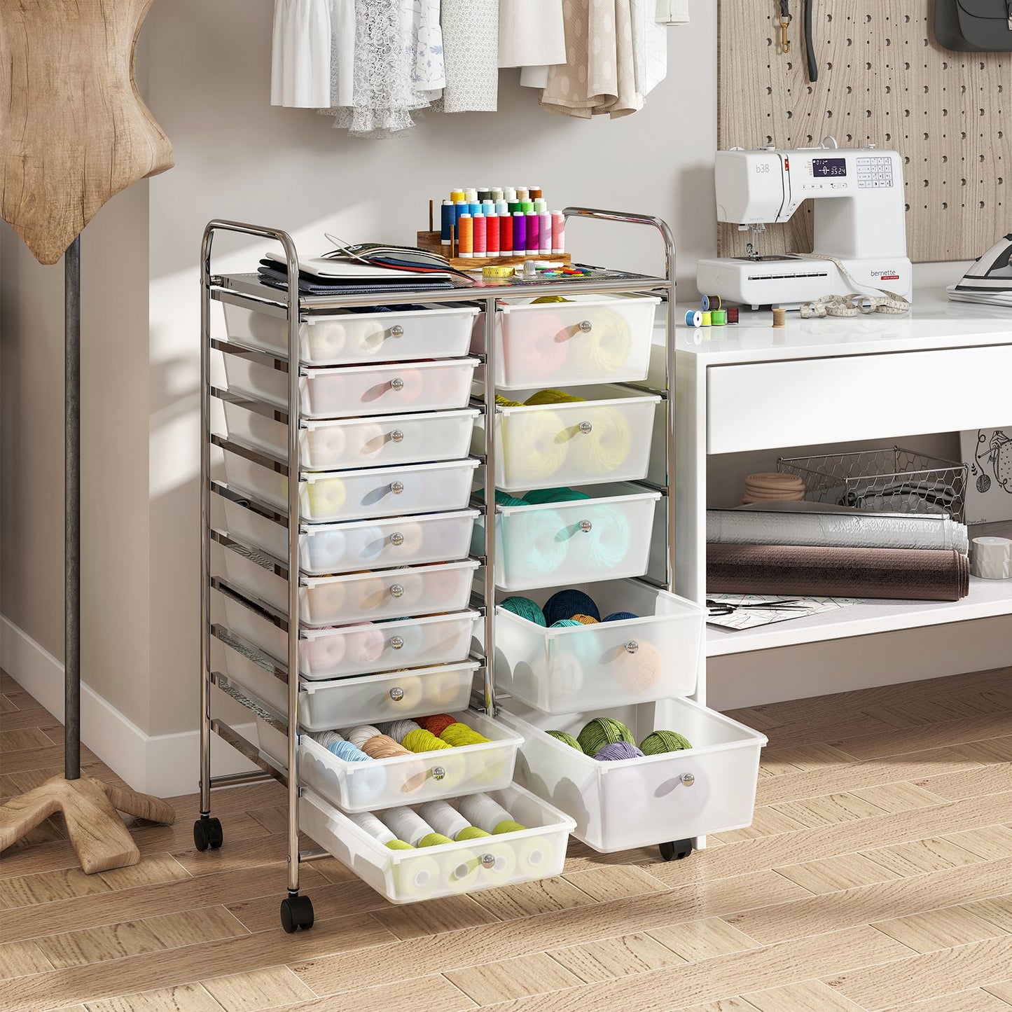 Rolling Storage Cart 15-Drawer Trolley with Chrome Plated Metal Frame, Transparent File Cabinets at Gallery Canada