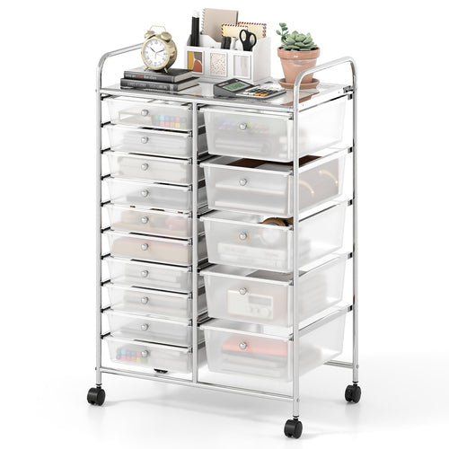 Rolling Storage Cart 15-Drawer Trolley with Chrome Plated Metal Frame, Transparent