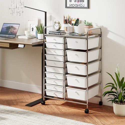 Rolling Storage Cart 15-Drawer Trolley with Chrome Plated Metal Frame, White