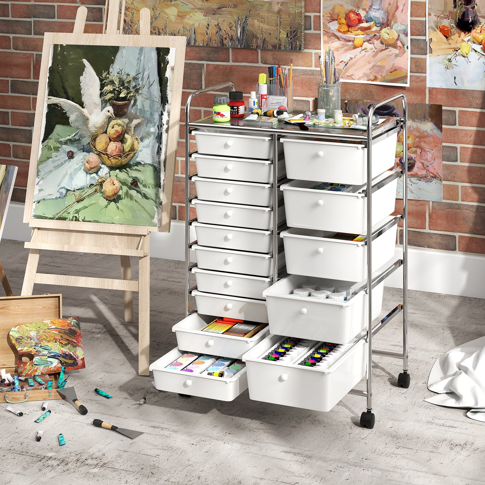 Rolling Storage Cart 15-Drawer Trolley with Chrome Plated Metal Frame, White File Cabinets at Gallery Canada