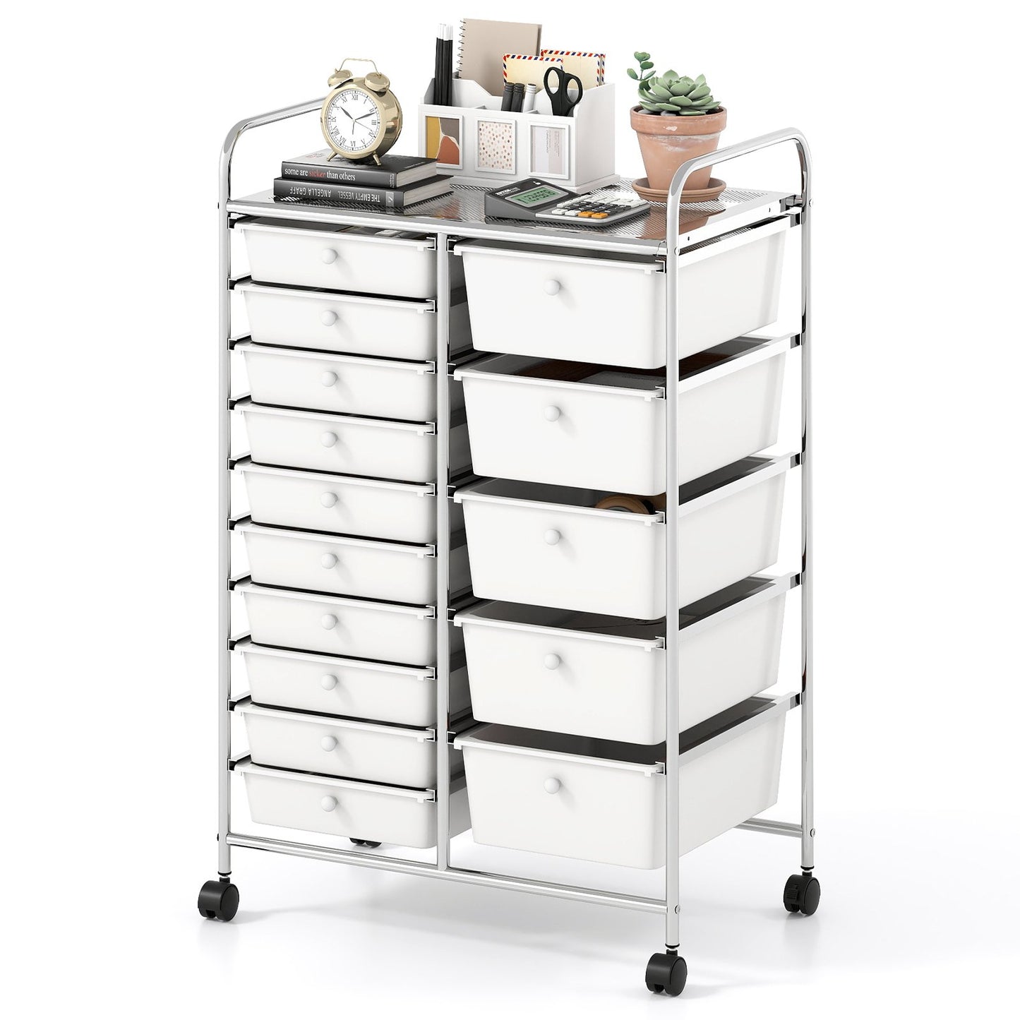 Rolling Storage Cart 15-Drawer Trolley with Chrome Plated Metal Frame, White File Cabinets White at Gallery Canada
