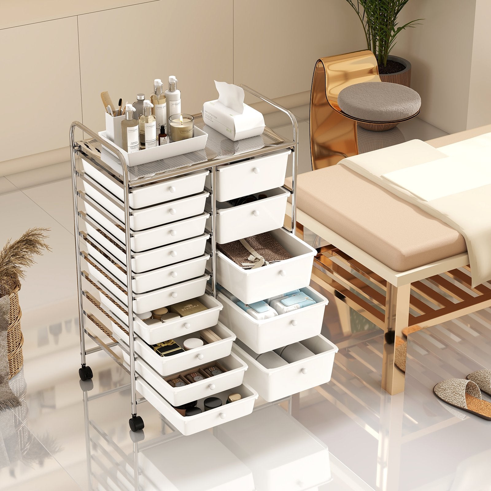 Rolling Storage Cart 15-Drawer Trolley with Chrome Plated Metal Frame, White File Cabinets at Gallery Canada