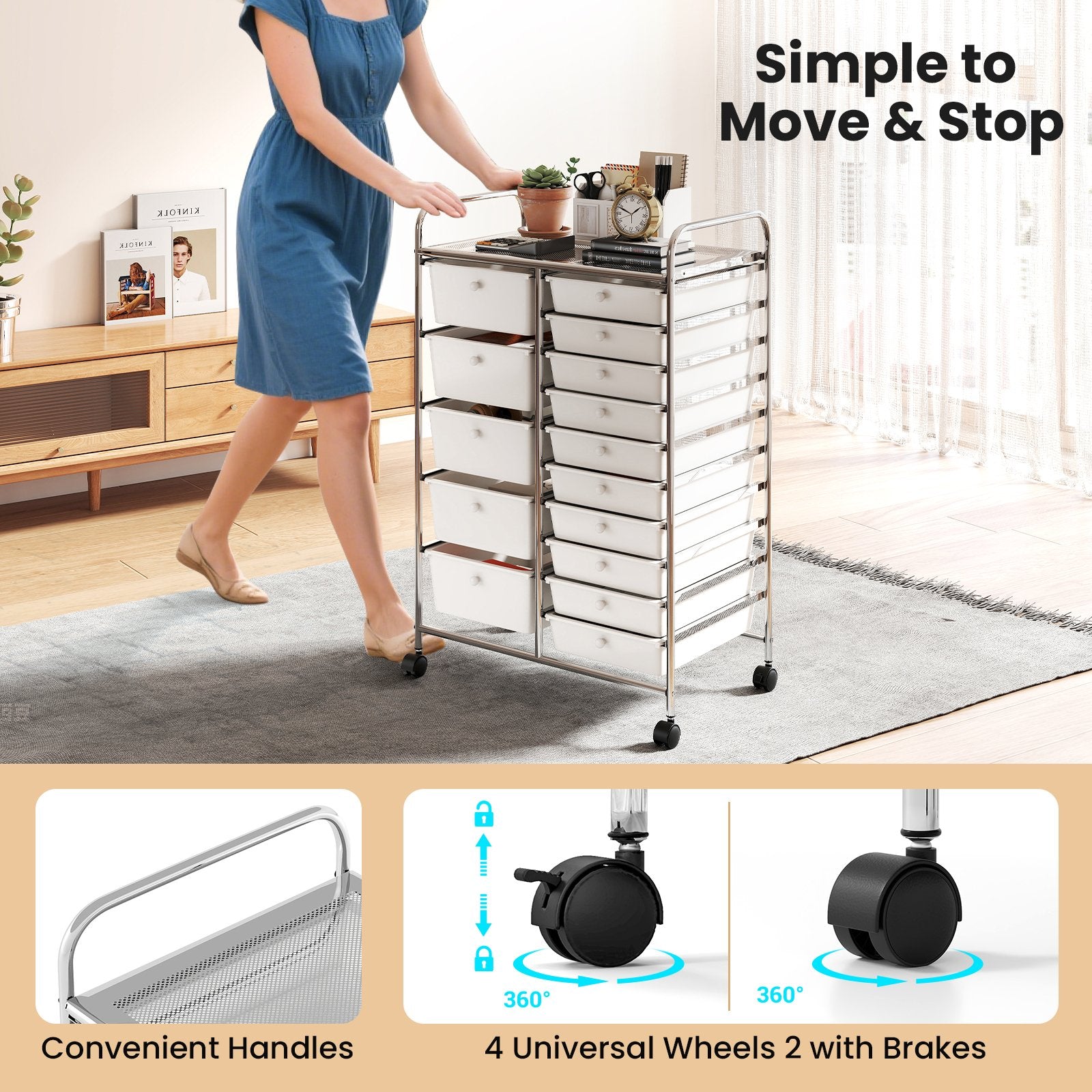 Rolling Storage Cart 15-Drawer Trolley with Chrome Plated Metal Frame, White File Cabinets at Gallery Canada