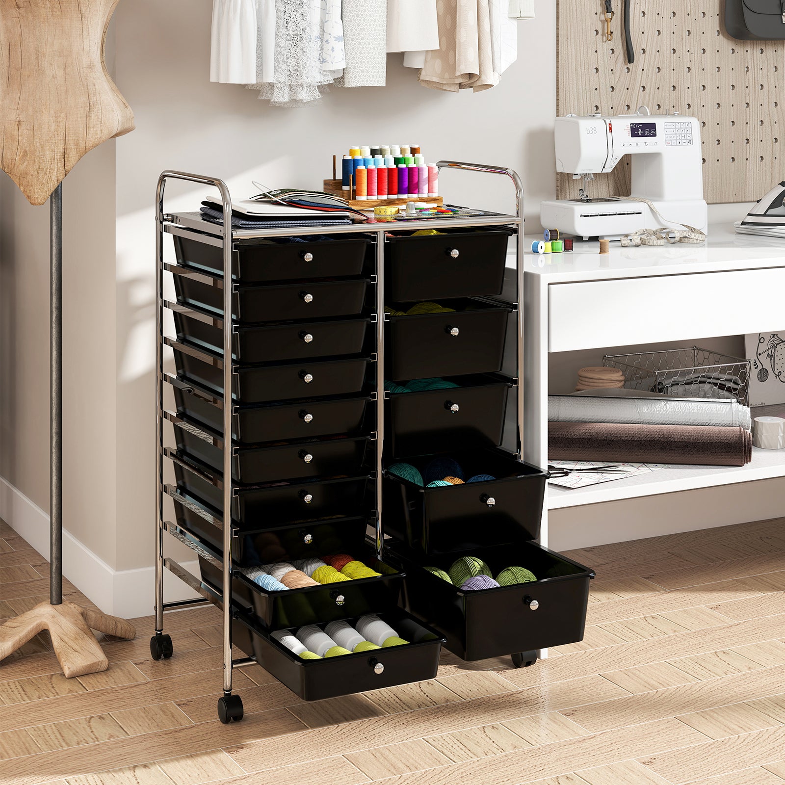 15-Drawer Rolling Storage Cart, Chrome Metal Frame, Black File Cabinets at Gallery Canada