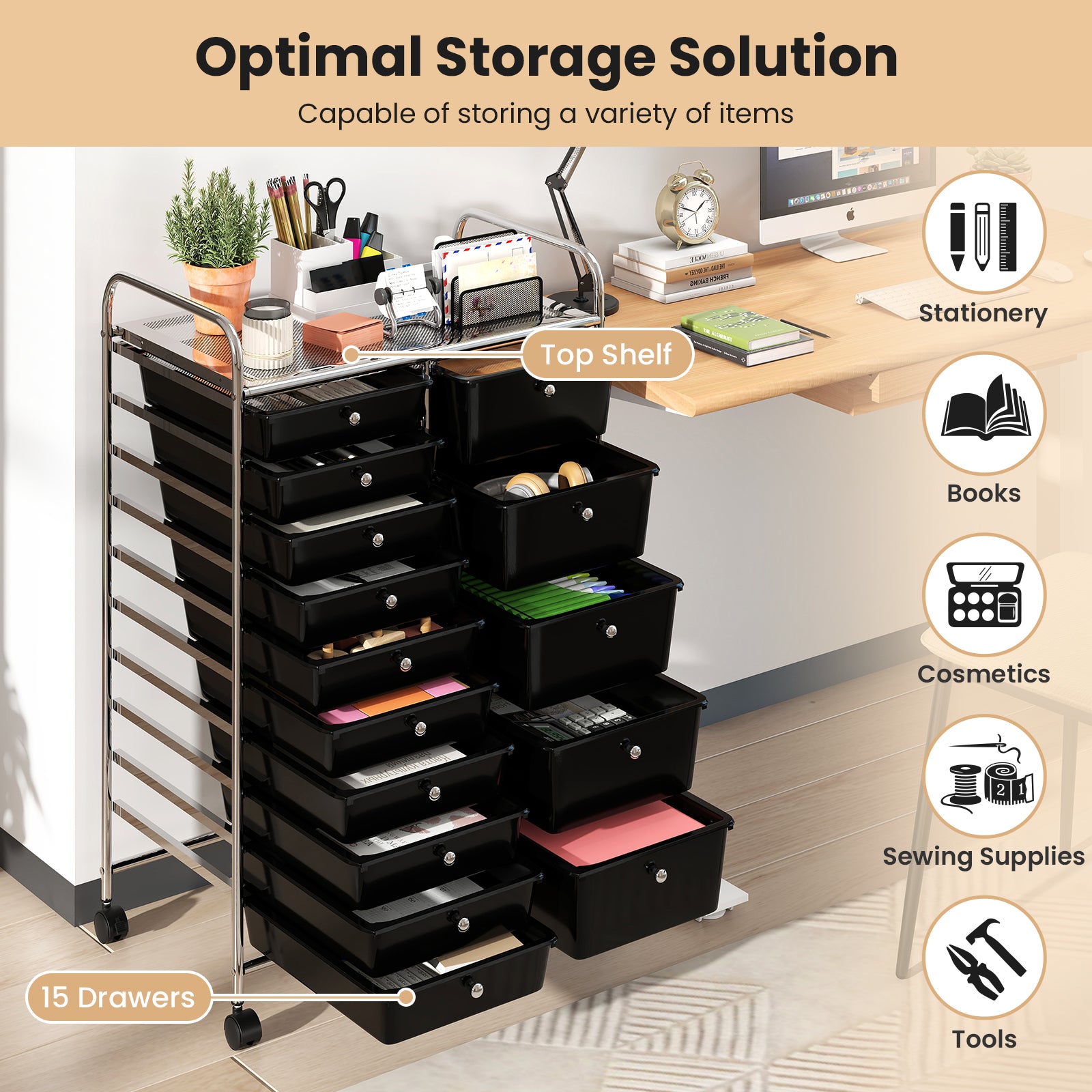 15-Drawer Rolling Storage Cart, Chrome Metal Frame, Black File Cabinets at Gallery Canada