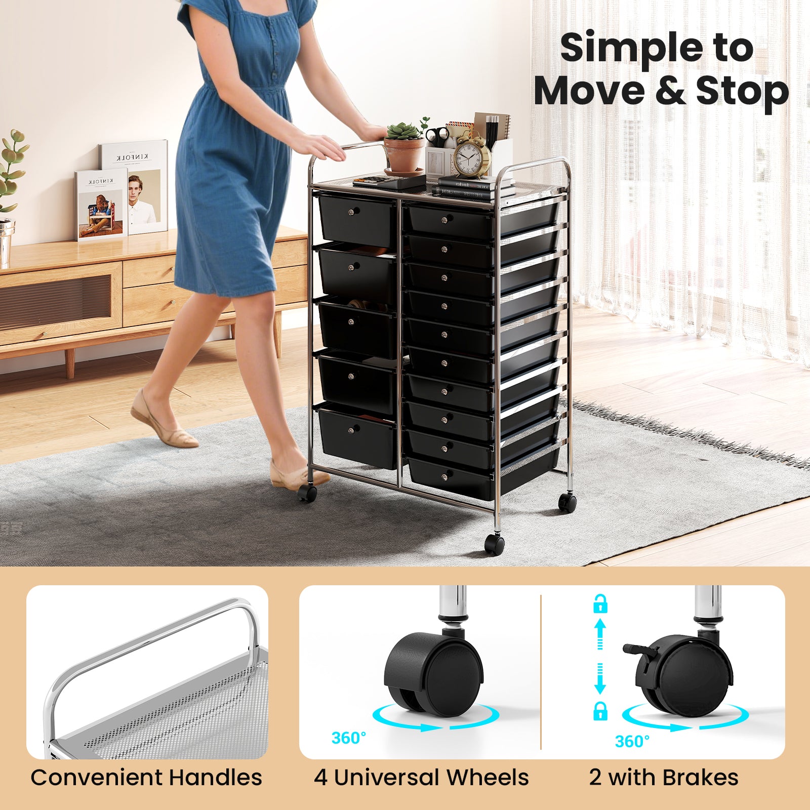 15-Drawer Rolling Storage Cart, Chrome Metal Frame, Black File Cabinets at Gallery Canada