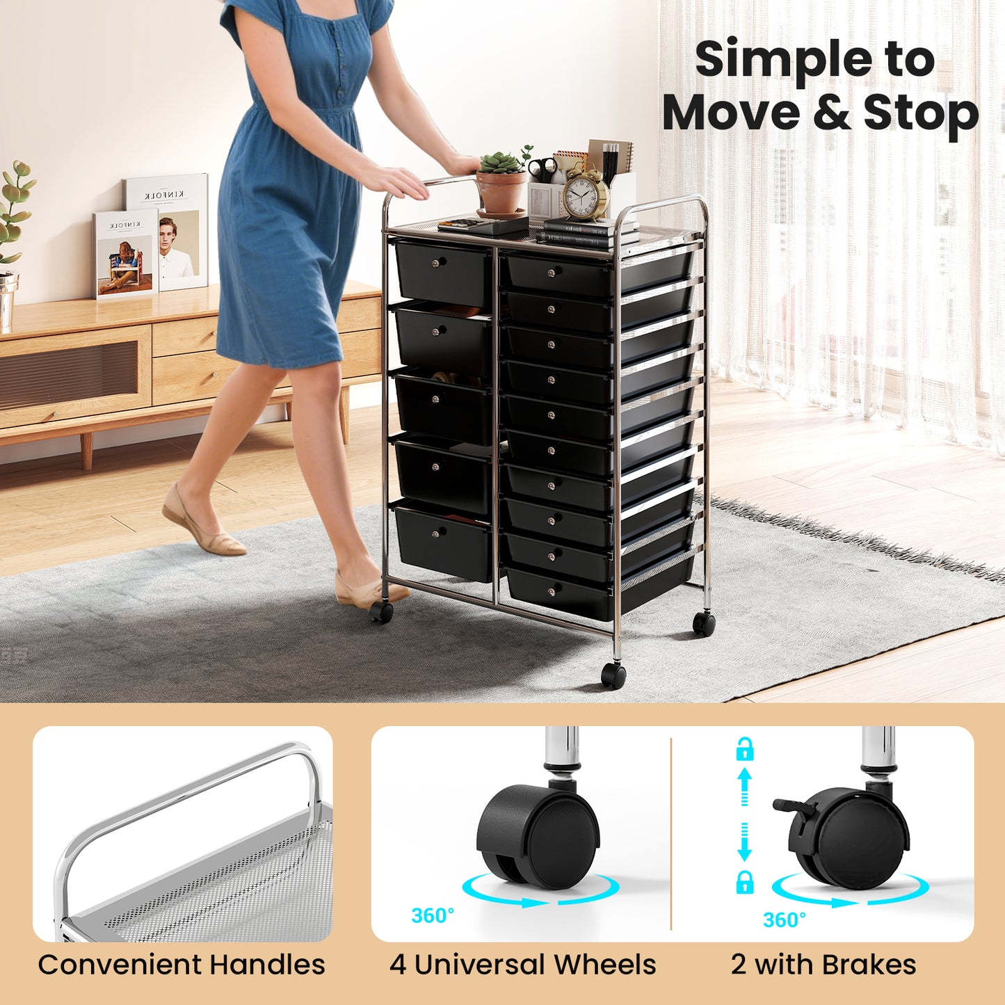 15-Drawer Rolling Storage Cart, Chrome Metal Frame, Black File Cabinets at Gallery Canada