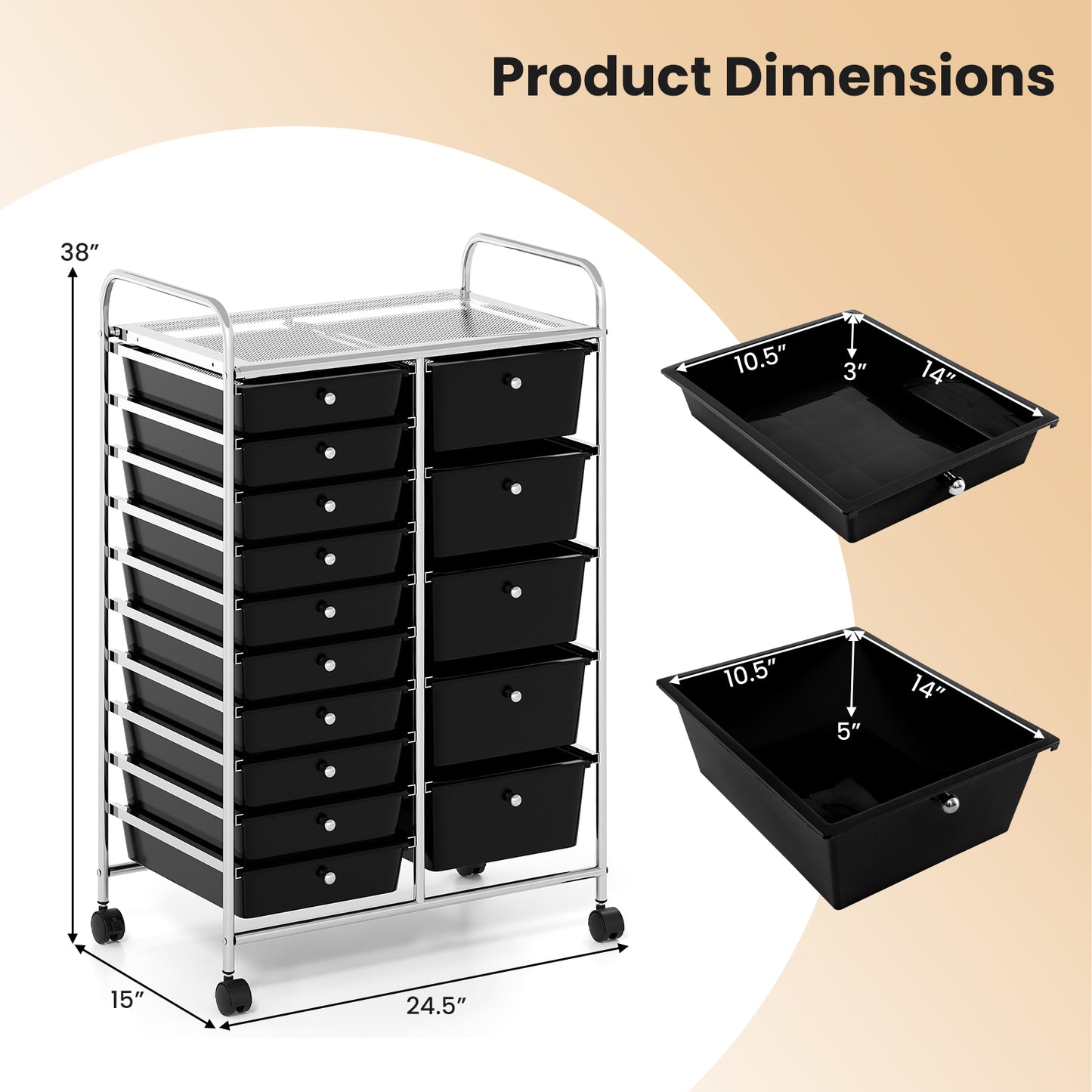 15-Drawer Rolling Storage Cart, Chrome Metal Frame, Black File Cabinets at Gallery Canada