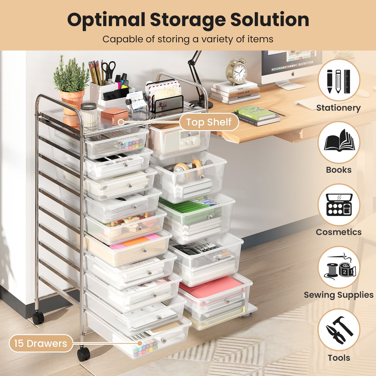15-Drawer Rolling Storage Cart, Metal Frame, Transparent, Chrome File Cabinets at Gallery Canada