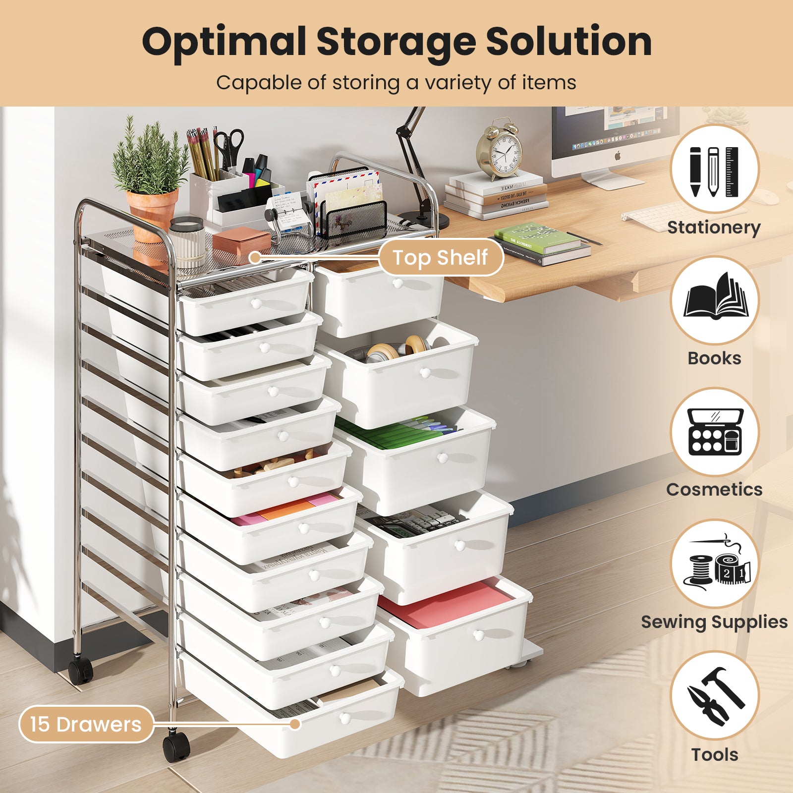 15-Drawer Rolling Storage Cart, Chrome Metal Frame, White File Cabinets at Gallery Canada